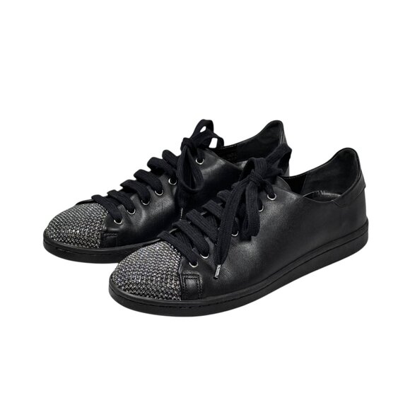 SCHUTZ Leather Sneakers Sz.9 Black Rhinestones Low Top Lace Up Y2K Goth Punk - Picture 1 of 10